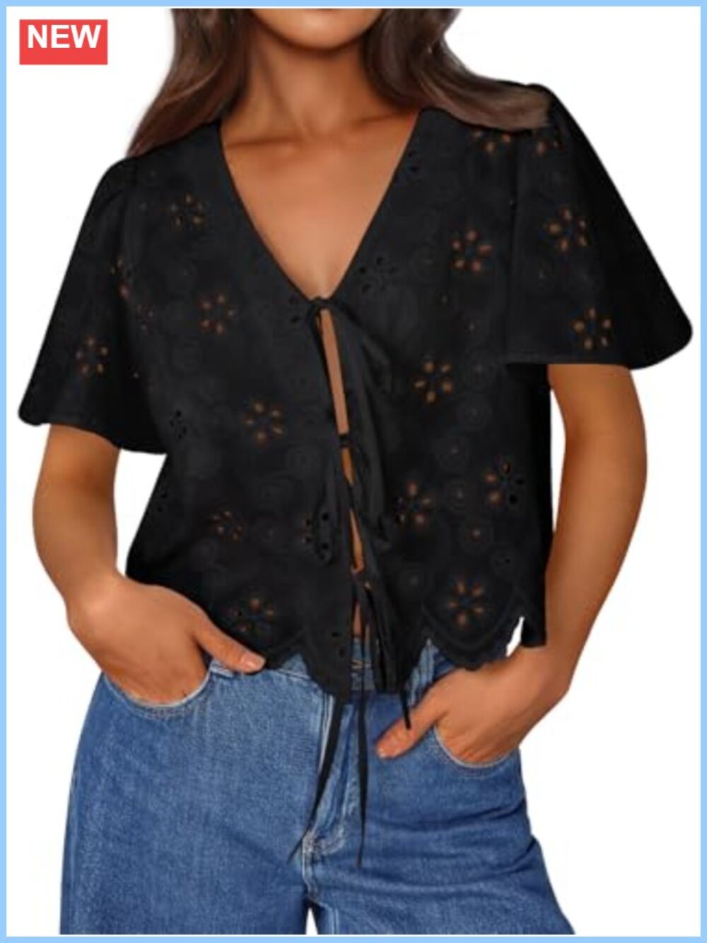 Women's Cotton Tie Front Blouse Short Sleeve Crop Boho Summer Top